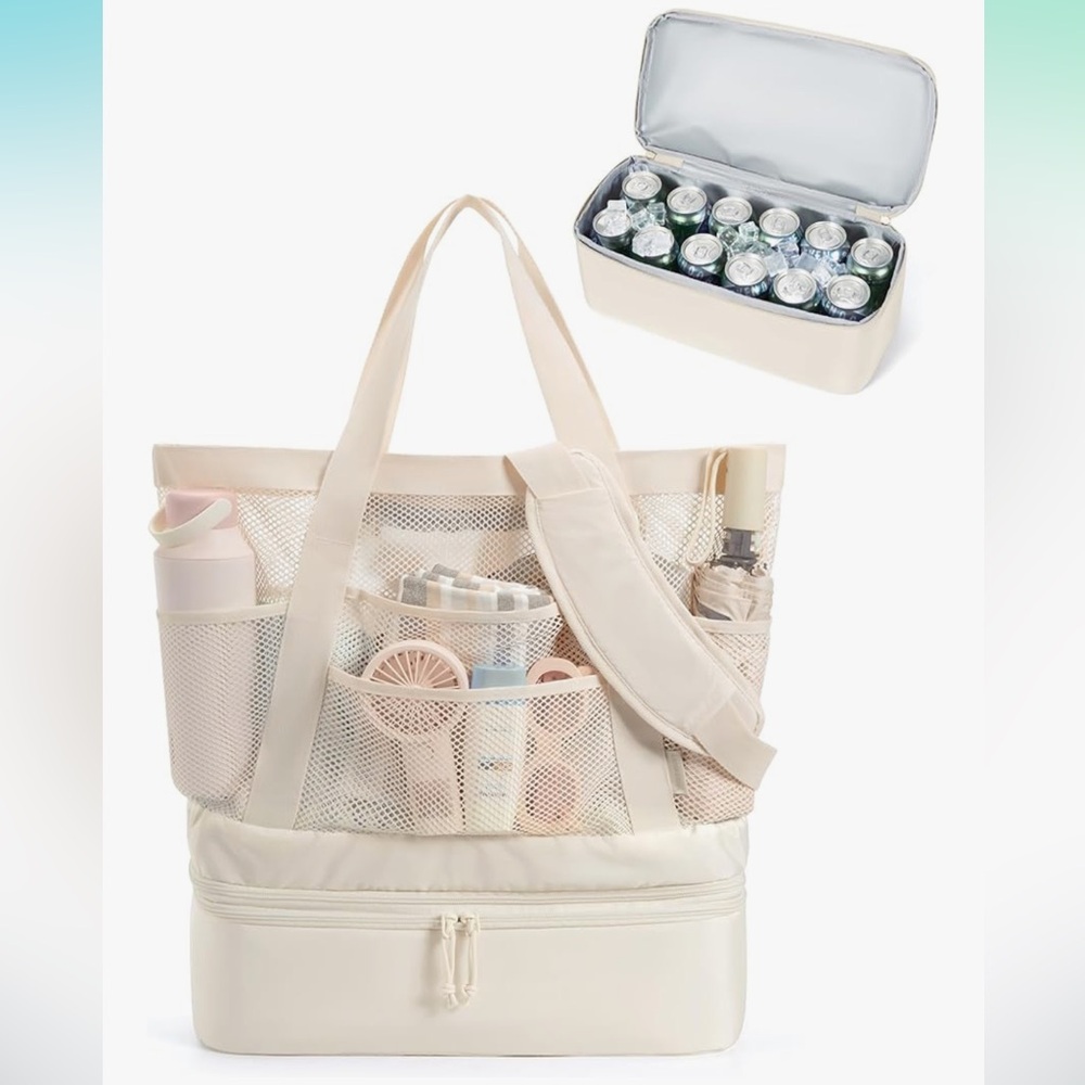 Cream Mesh Beach Tote with Cooler
